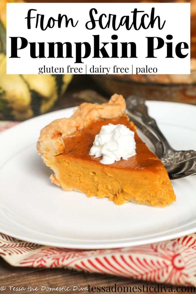 pinterest ready slice of pumpkin pie on a white plate with a dollop of whipped cream on a dark wood surface with a fall colored linen