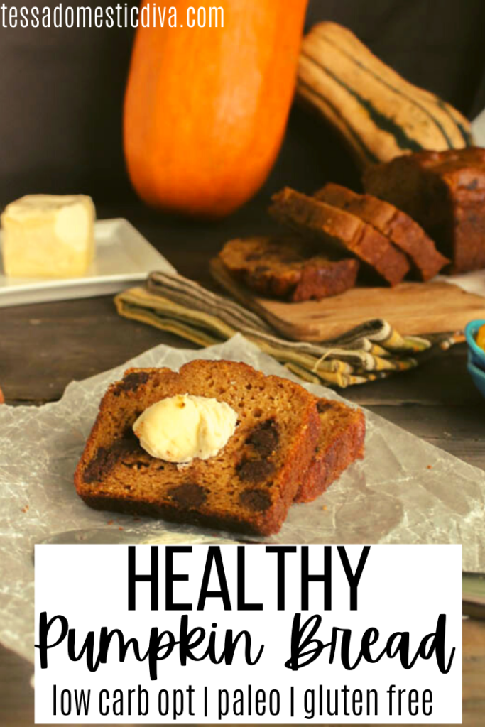 pinterest ready sliced pumpkin bread with chocolate chips and a pat of butter on top of crumpled parchment paper