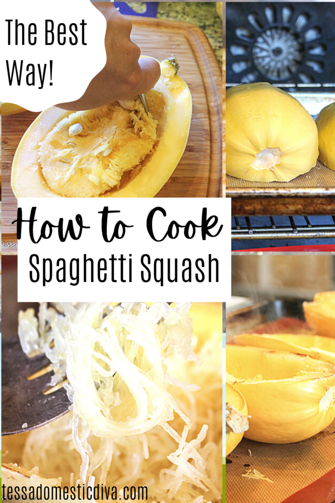 a 4 picture progression of how to bake a spaghetti squash