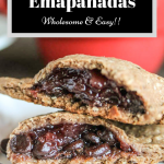 optimized for pinterest gluten free empanadas cut in half and filled with jelly and dark chocolate on a white plate