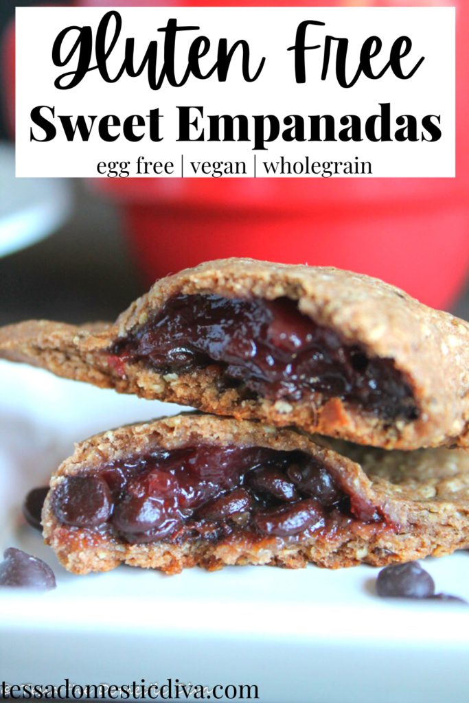 pinterest ready white plate close up of halved sweet empanada with jelly and chocolate