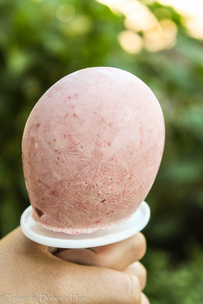 hand held homemade strawberry popsicle.