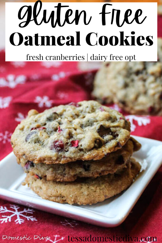 pinterest ready stack of oatmeal cookies with fresh cramberries on a white plate with chocolate chips