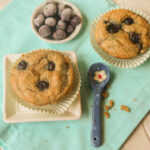 overhead shot of blueberry muffins on a turquoise linen baked in mint green paper liners with a bowl of fresh blueberries