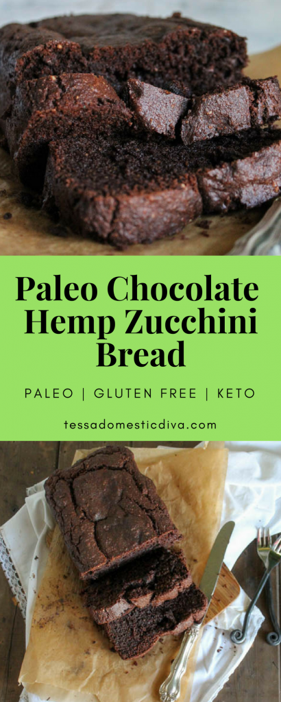 close up and overhead of sliced chocolate hemp zucchini bread