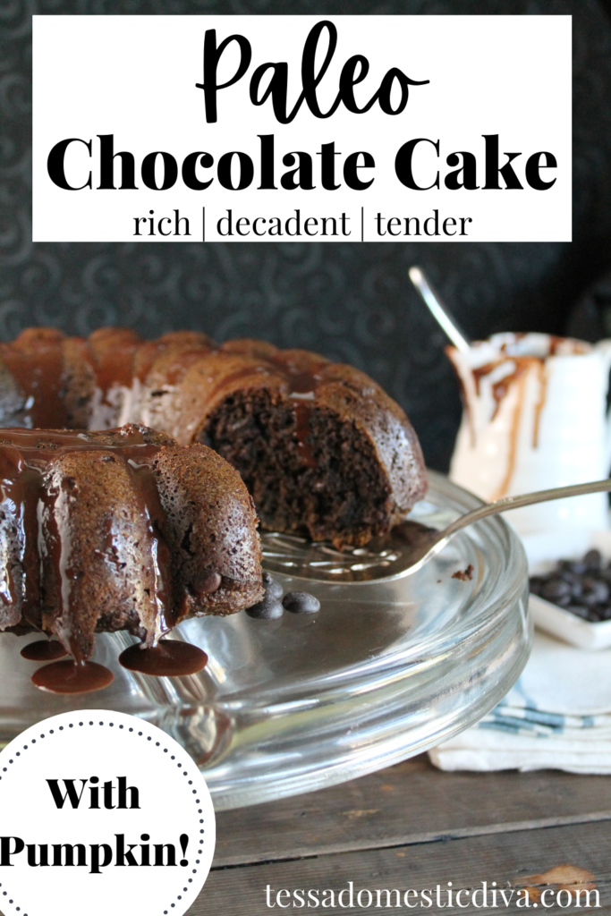 pinterest ready sliced chocolate bundt cake topped with melted chocolate against a dark background