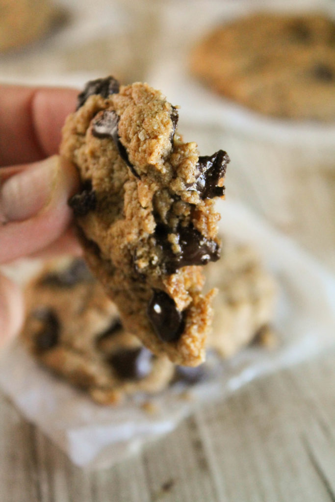closeup of a chewy chocolate chip cookies torn in half and handheld