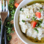 an overhead view of Israeli eggplant dip in a white bowl.