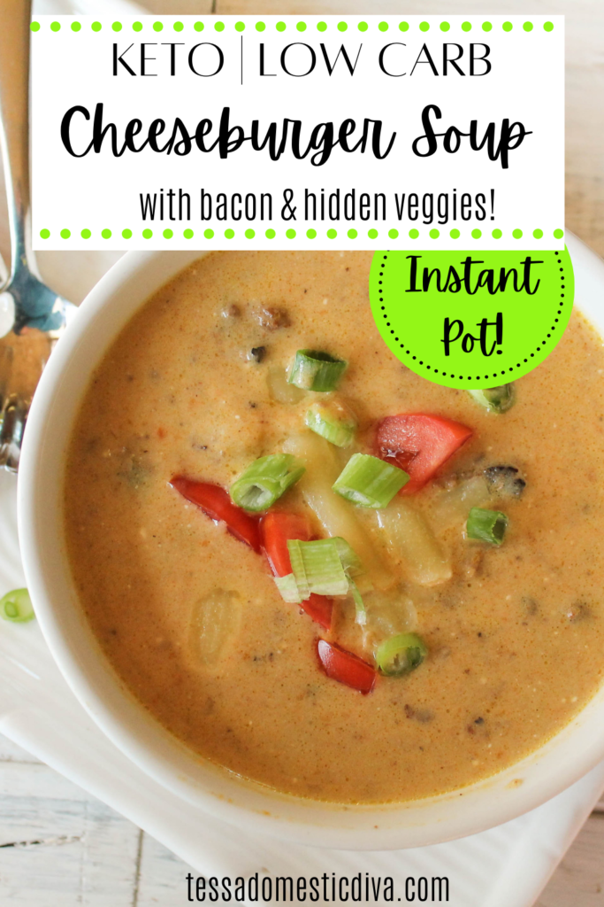 pinterest ready overhead view of a white bowl filled with a cheesy soup with bacon bits and hamburger and fresh green onions and chopped tomatoes