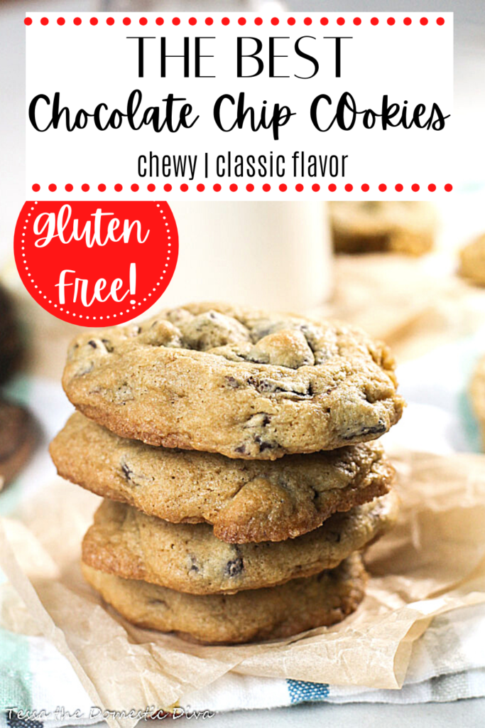 pinterest ready stack of chewy chocolate chip cookies on some crumpled brown parchment paper