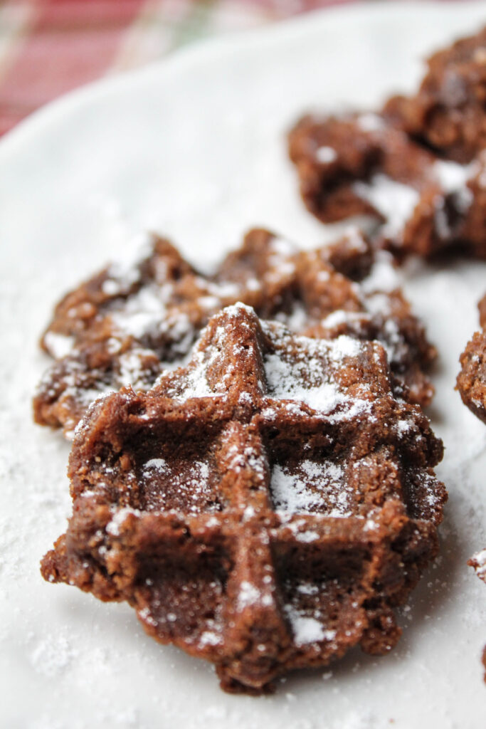 paleo chocolate cookies cooked in a waffle iron dusted with powdered sugar on a white plate