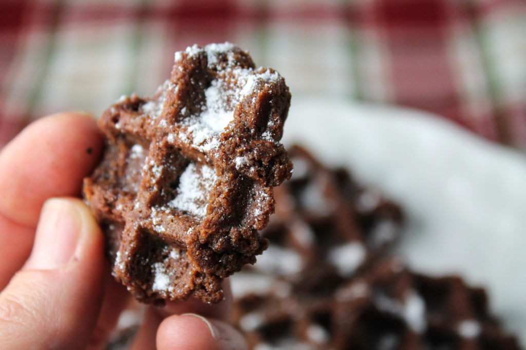 horizontal mage of a chocolate waffle cookie dusted with powdered sugar held by a hand with a plate full of matching cookies in the background on a white plate atop a plaid Christmas fabric