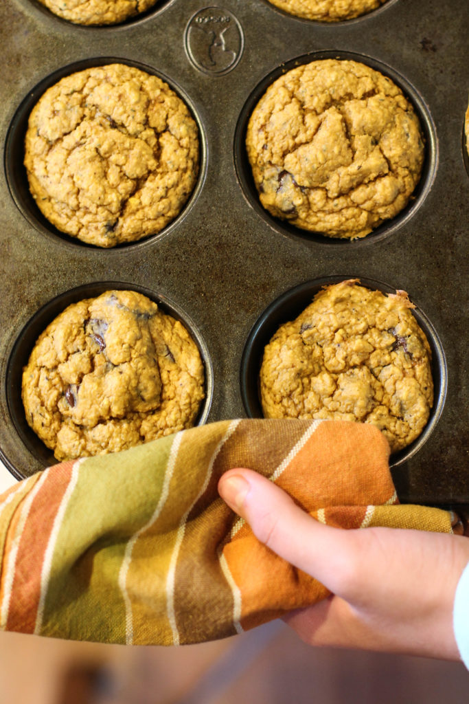 pumpkin oat muffins in a dark muffin tine from overhead studded with chocolate chips