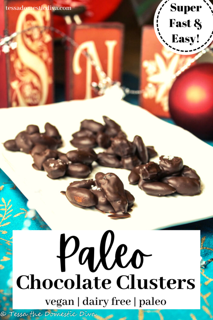 pinterest ready salted chocolate nut clusters atop a white plate with Christmas themed decorations in background