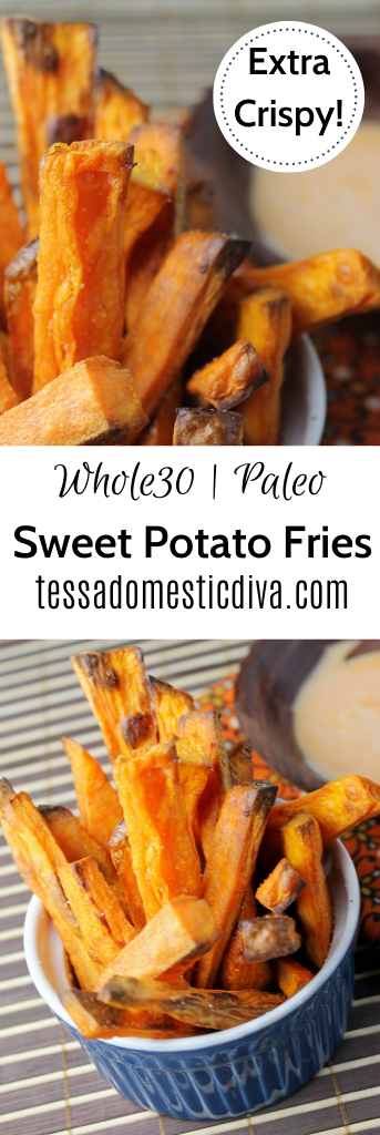 pinterest ready a dark blue ramekin filled with crispy sweet potato fries 