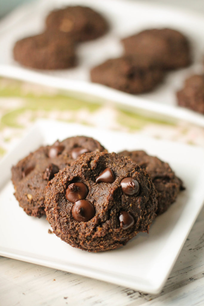 several chocolate cookies with chips arranged on a white plate.