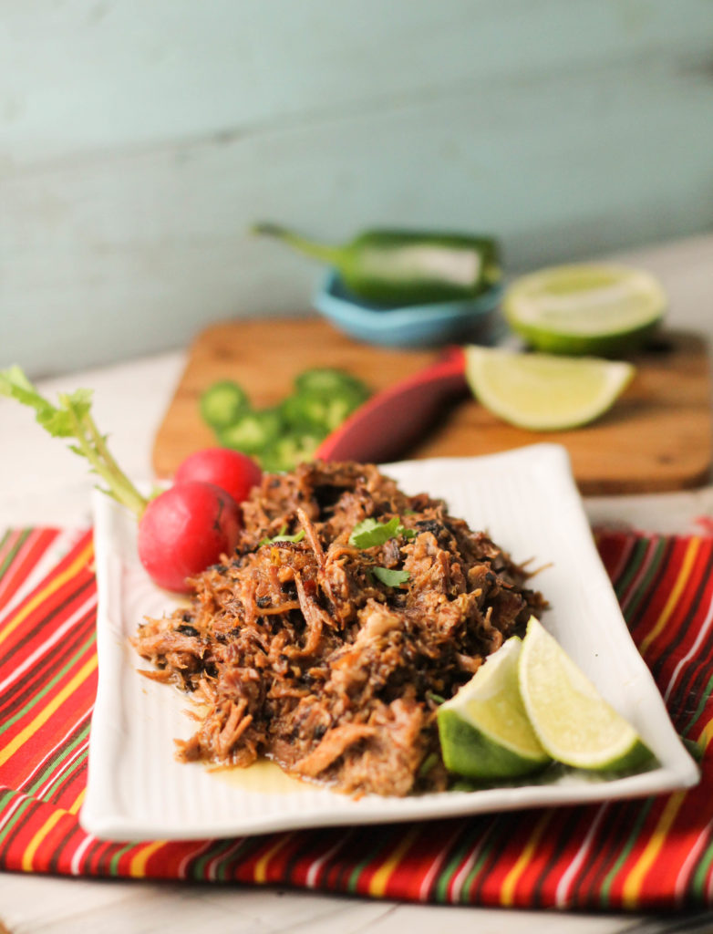 shredded pork on a white plate atop a red striped cloth with lime wedges and radishes