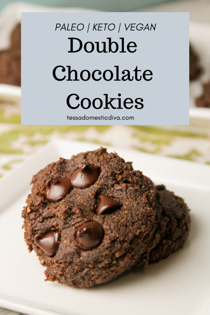 pinterest image with double chocolate cookies close up and plated atop a white plate