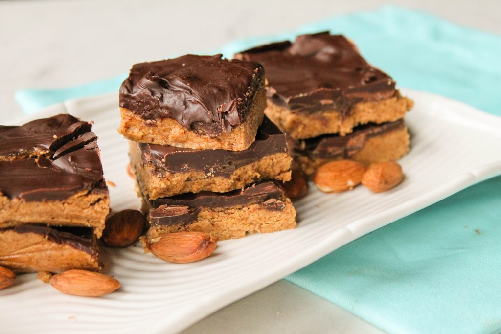 stacked in threes low-carb protein bars made with superfoods.