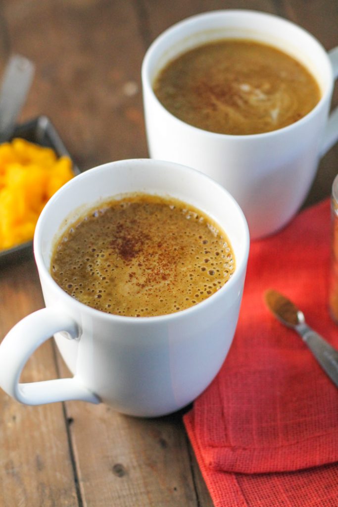 bulletproof pumpkin lattes in two white mugs