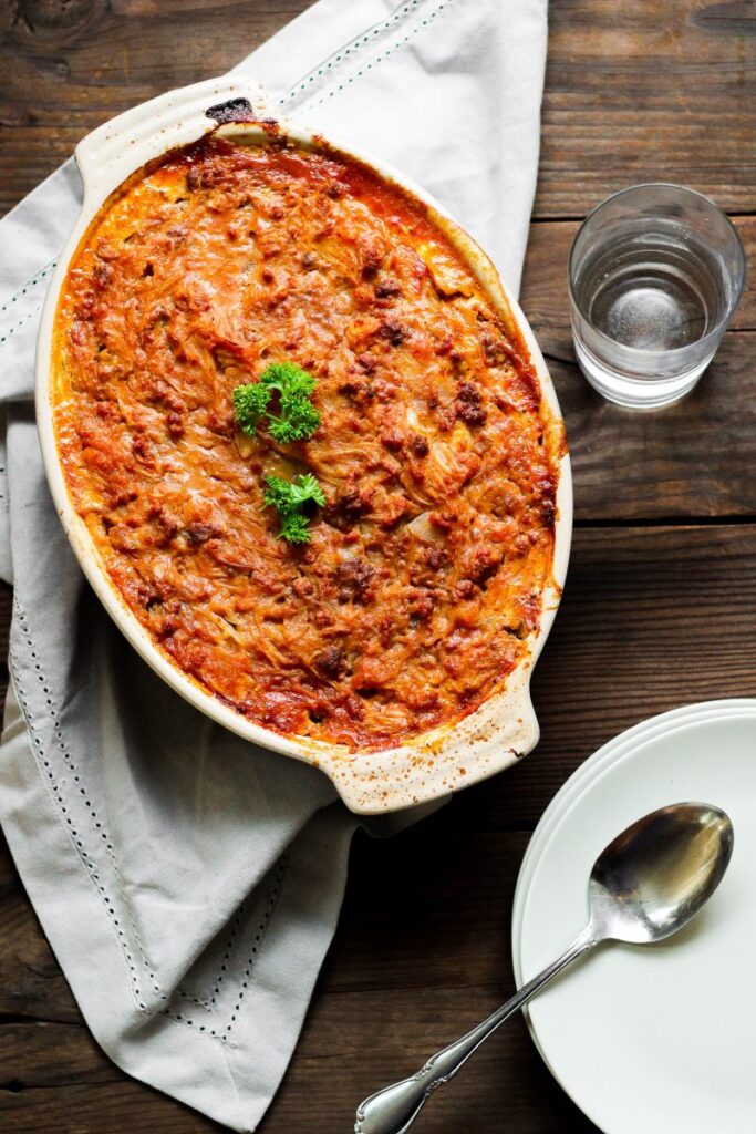 birds eye view of ground beef tomato sauce casserole