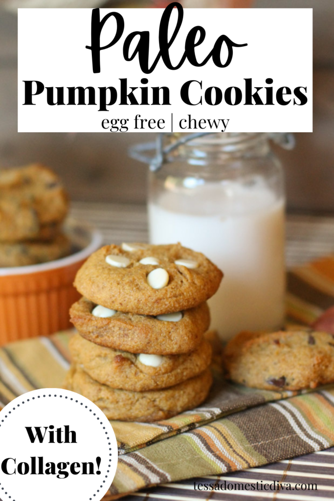 pinterest ready stack of white chocolate chip studded pumpkin cookies with a vintage milk glass in background