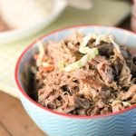 tender pulled pork in a turquosie and red lined bowl on a dark wooden surface