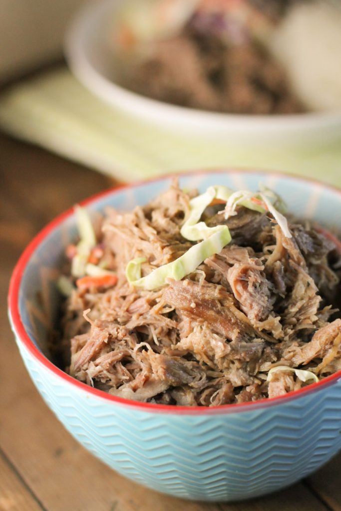 a colorful bowl filled with kalua pork and shreds of cabbage on a dark wooden surface