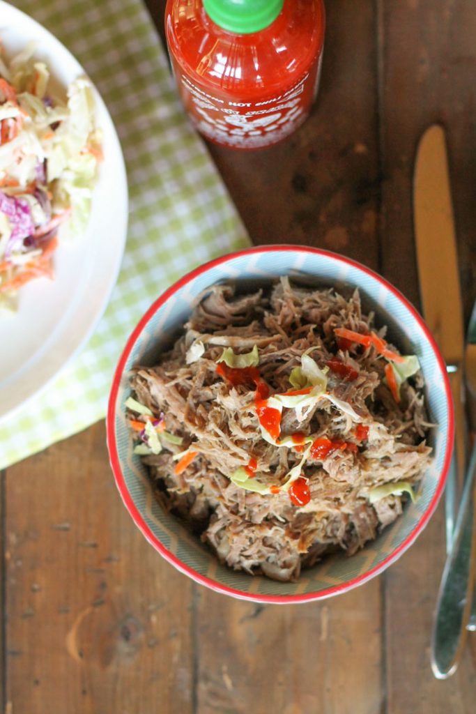 vertical shot of a blue, white, and red bowl filled with pulled pork and garnished with cabbage shreds and red hot sauce on a dark wooden surface