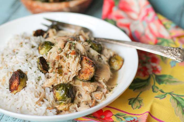 a white pasta bowl filled shredded chicken thighs in a creamy sauce with brussel sprout halves and white rice