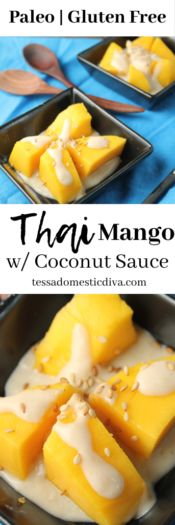 pinterest read two image layout of prepared thai mango chunks drizzled in a creamy coconut sauce with a sesame seed garnish