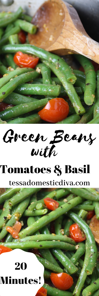 pinterest ready fresh steamed green beans sauteed with basil and tomatoes with a wooden serving spoon