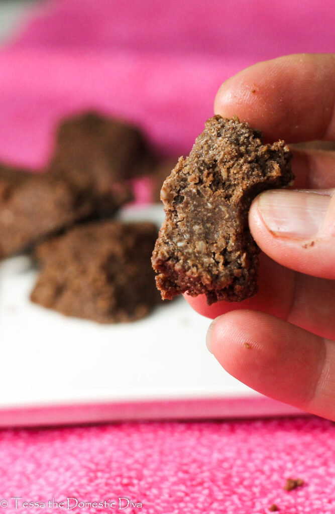 hand help bite of a healthy chocolate coconut macaroon with a pink background