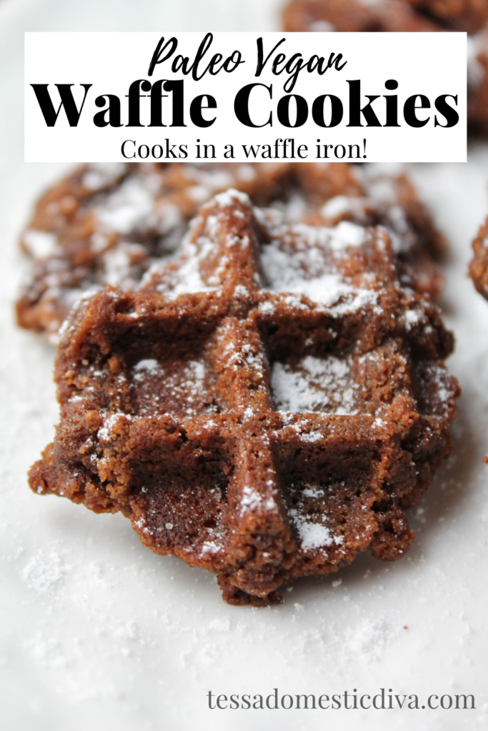 pinterest ready close up of a waffle cooked chocolate cookie dusted with powdered sugar