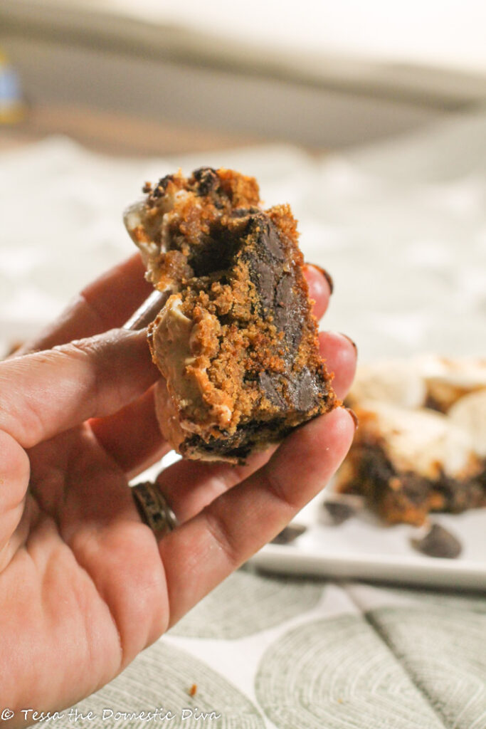 hand held chocolate studded blondie with caramelized