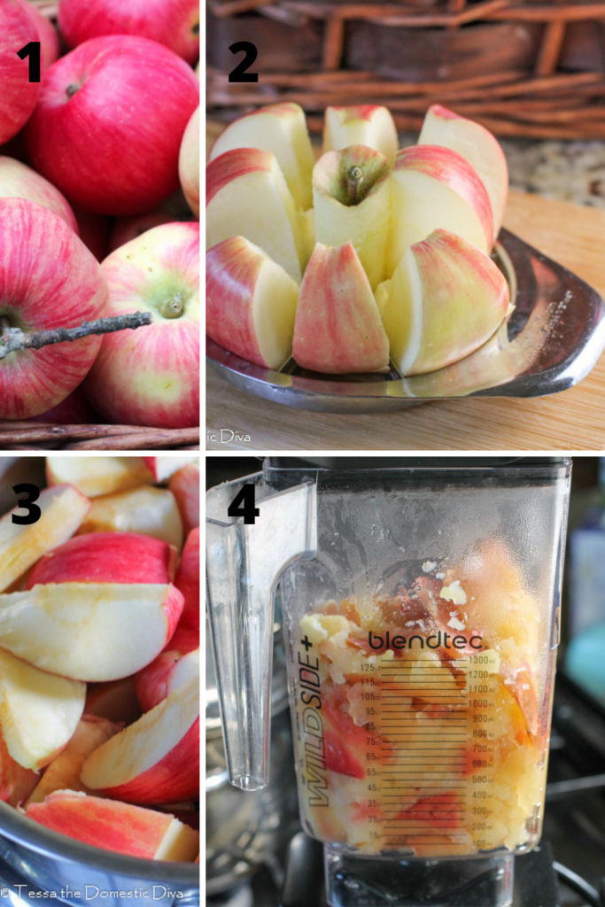 a four picture step by step collage of making applesauce with the peels