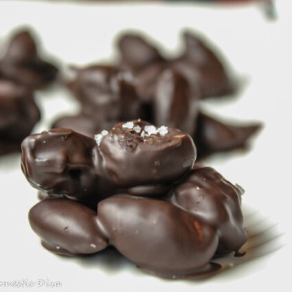 close up of homemade salted almond and dried fruit mounds on a white plate