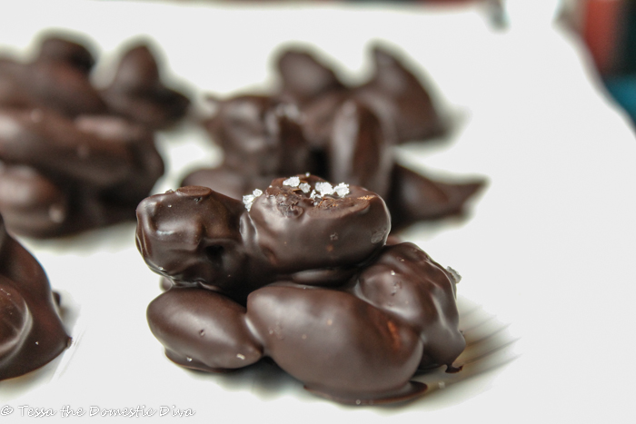 close up of homemade salted almond and dried fruit mounds on a white plate