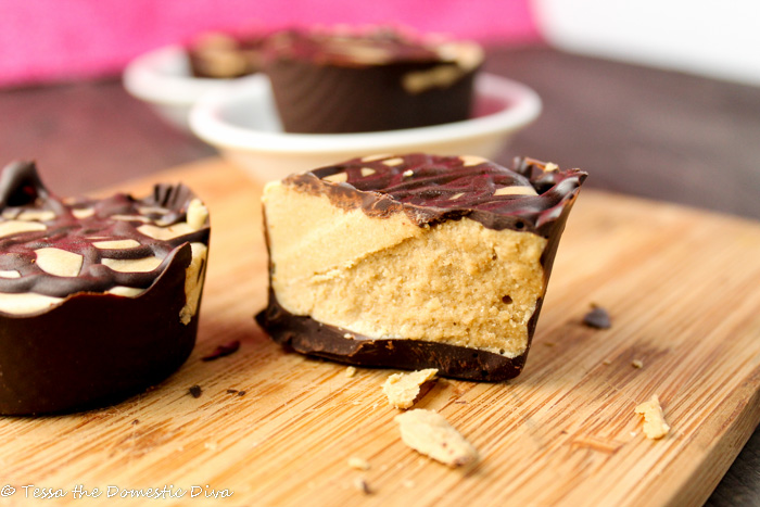 eye level close up of a homemade healthy reese's on a cutting board