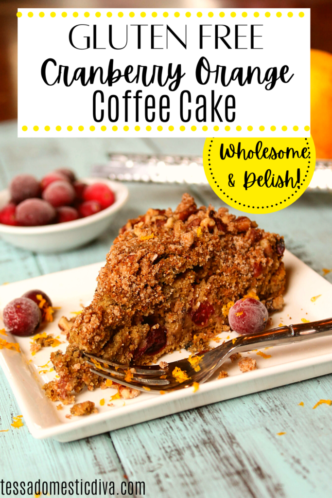 pinterest ready triangle slice of a cranberry orange coffee cake with streusel topping on a white plate