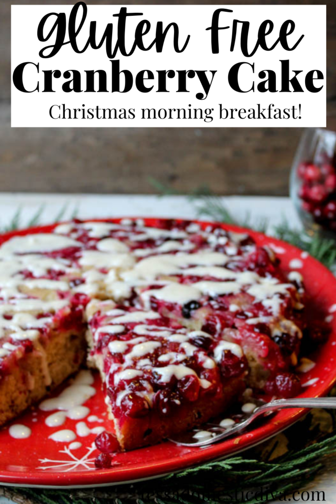 pinterest ready red snowflake plate with a cranberry topped coffee cake with a cream cheese drizzle