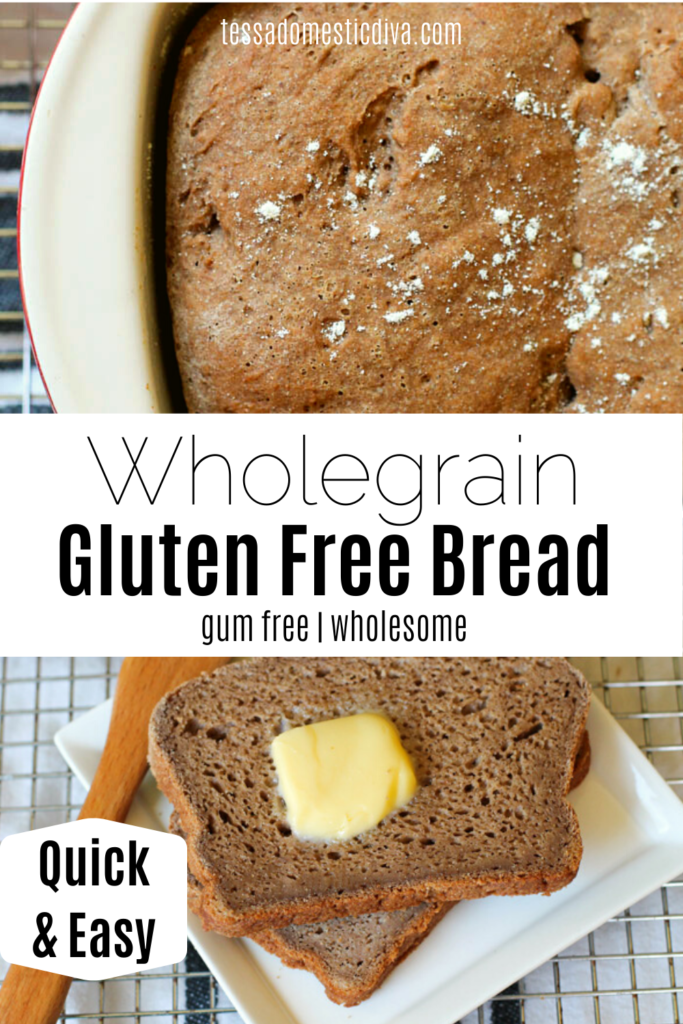 pinterest ready two image layout of a loaf of wholegrain gluten free brown bread.